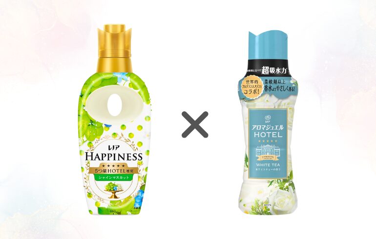 レノア ハピネス シャインマスカット × レノア アロマジュエル フレグランスメゾン ホワイトティー 正面-2025-11