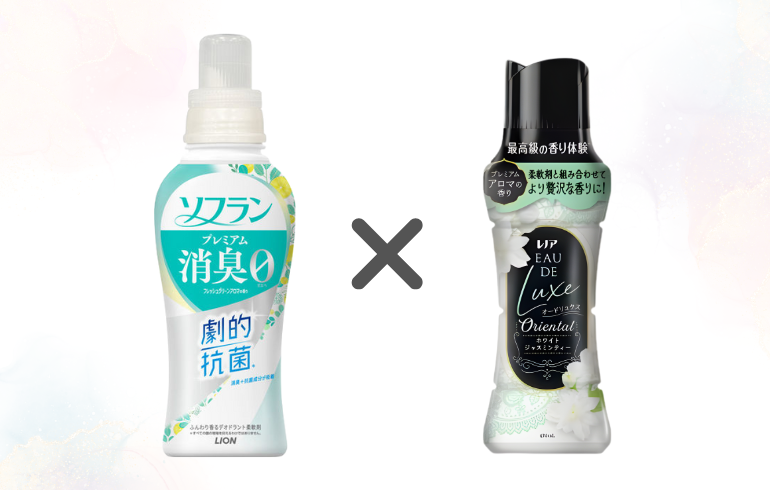 ソフランプレミアム消臭 フレッシュグリーンアロマ × レノア オードリュクス ホワイトジャスミンティー 正面 -2025-11